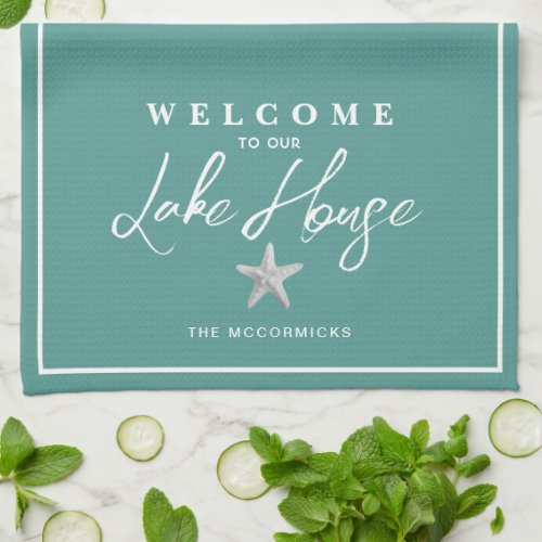 Welcome To Our Lake House Family Monogram Kitchen Towel