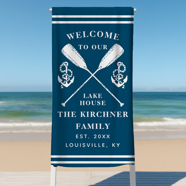 Welcome To Our Lake House Family Monogram Navy Beach Towel (Creator Uploaded)