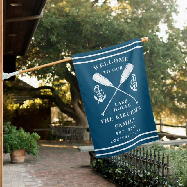 Welcome To Our Lake House Family Monogram Navy House Flag (In SItu)
