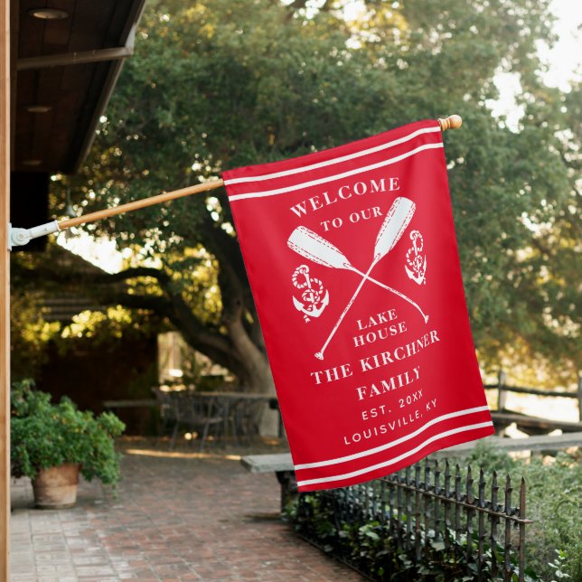 Welcome To Our Lake House Family Monogram Red Flag (In SItu)