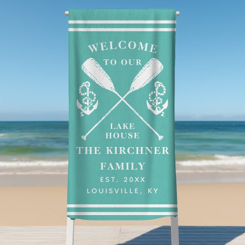 Welcome To Our Lake House Family Monogram Teal Beach Towel