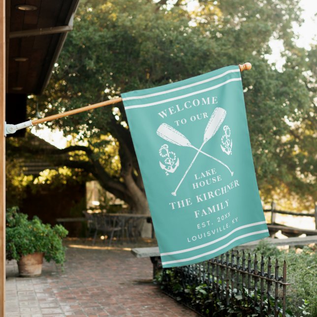 Welcome To Our Lake House Family Monogram Teal Flag (In SItu)