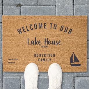 Welcome To Our Lake House Family Name Nautical Fiber Doormat