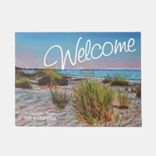 Welcome To Our Lake House Mat With Beach Sunset