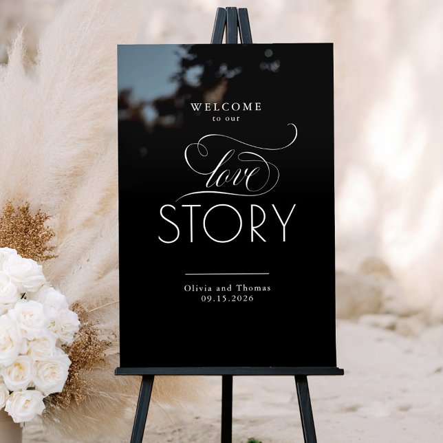 Welcome To Our Love Story Black Wedding Welcome Acrylic Sign (Black Wedding Welcome Sign "Welcome To Our Love Story")