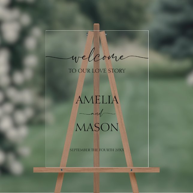 Welcome to Our Love Story Wedding Welcome Acrylic Sign (Clear acrylic simple minimalist wedding welcome sign with black text)