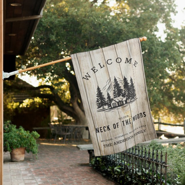 Welcome to our Neck of the Woods Cabin Family House Flag (In SItu)