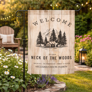Welcome to our Neck of the Woods Cabin Family House Flag