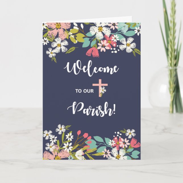 Welcome to Our Parish Flowers on Navy Card (Front)