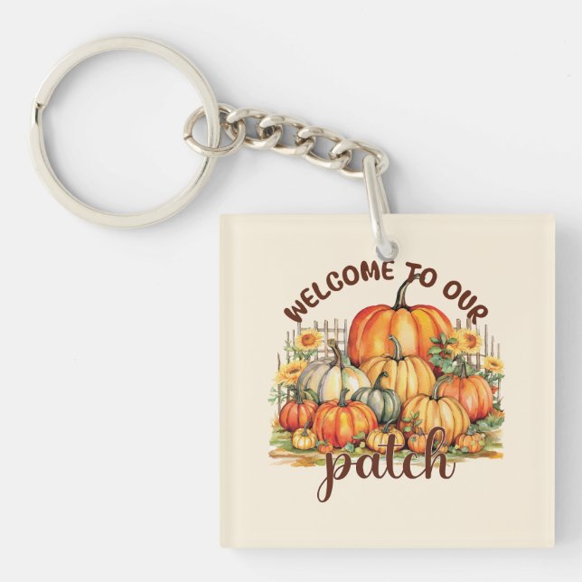 Welcome to Our Patch – Cozy Pumpkin Patch Keychain (Front)