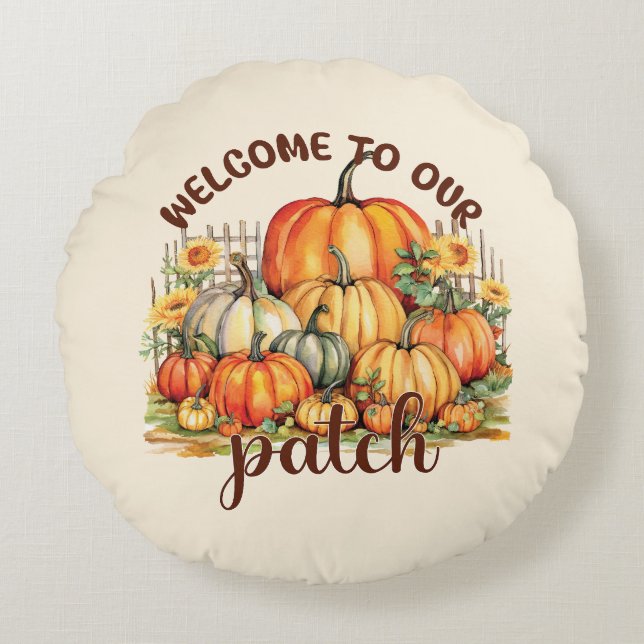 Welcome to Our Patch – Cozy Pumpkin Patch Round Pillow (Front)