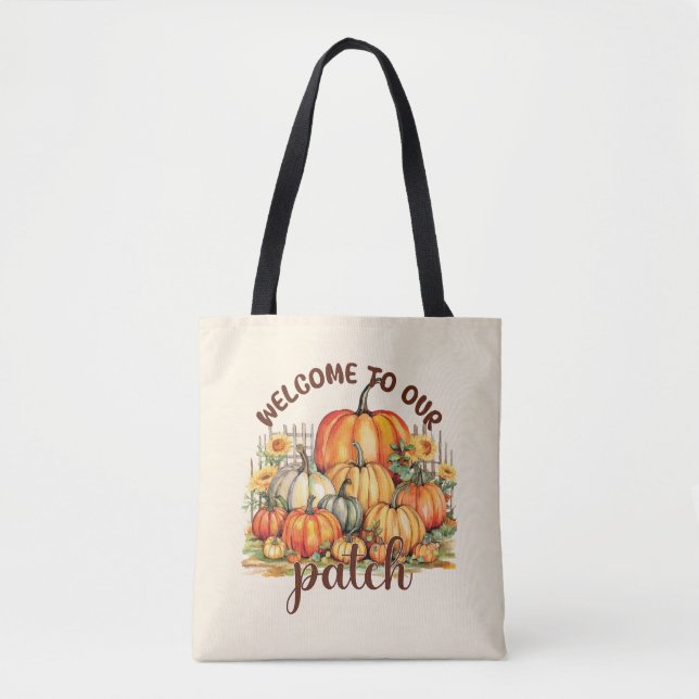 Welcome to Our Patch – Cozy Pumpkin Patch Tote Bag (Front)