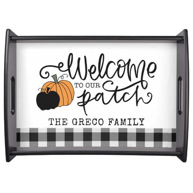 Welcome to Our Patch Fall Pumpkin Family Name  Bat Serving Tray (Front)