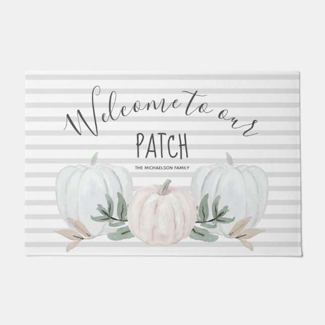 Welcome to our Patch Stripes and Pumpkins Fall Doormat (Front)