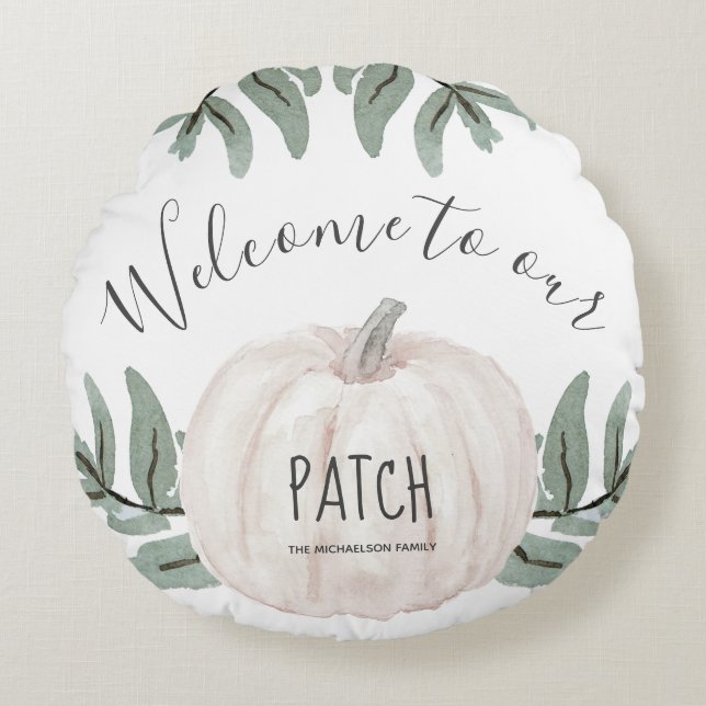 Welcome to our Patch with Name Autumn Pumpkins Round Pillow (Front)