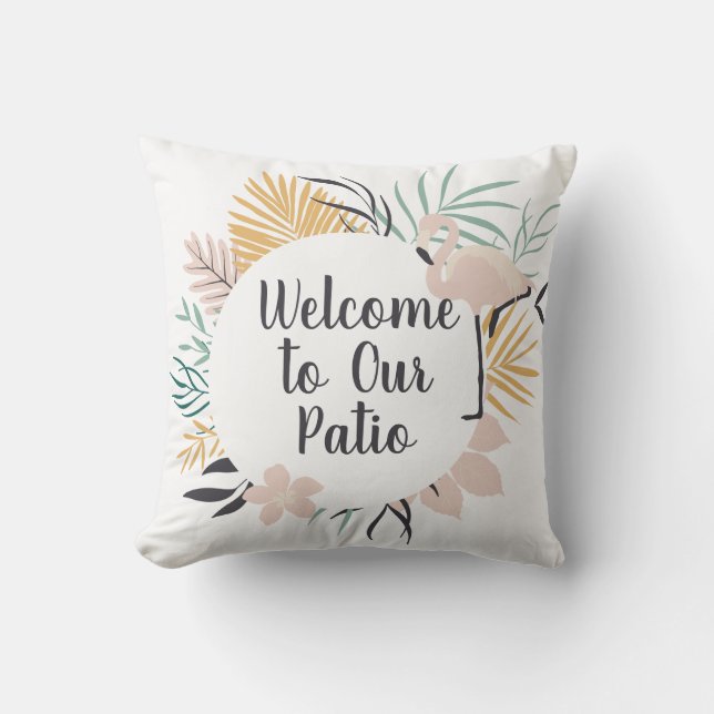 Welcome to Our Patio Pink Flamingo Outdoor Pillow (Front)