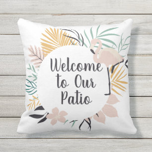 Welcome to Our Patio Pink Flamingo Outdoor Pillow