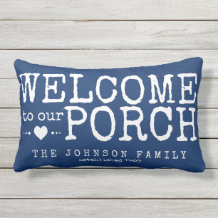 Welcome to our Porch Custom Family Blue & White Lumbar Pillow