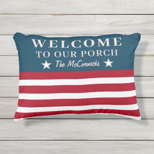 Welcome To Our Porch Stars And Stripes Monogram Outdoor Pillow