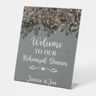 Welcome to Our Rehearsal Dinner Black Rose Wedding Pedestal Sign