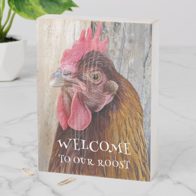 Welcome to Our Roost Red Chicken Hen Wooden Box Sign (In Situ Vertical)