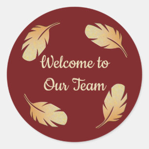 Welcome to Our Team Feather Circle Deep Red Classic Round Sticker