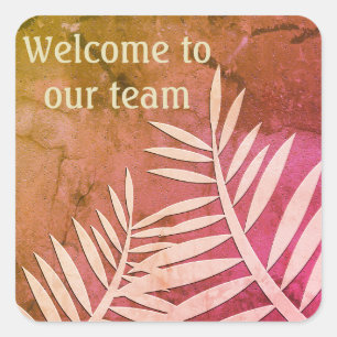 Welcome to Our Team Pink Leaf Silhouette Marbled Square Sticker