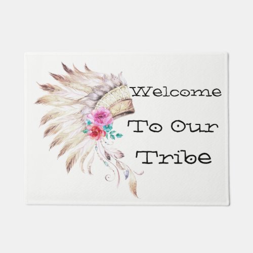 Welcome To Our Tribe Watercolor Indian Headdress Doormat