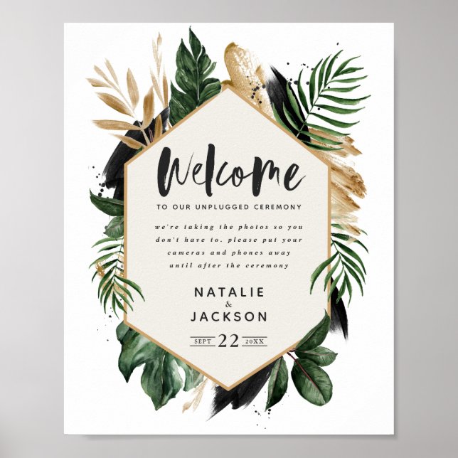 Welcome to our unplugged ceremony tropical foliage poster (Front)