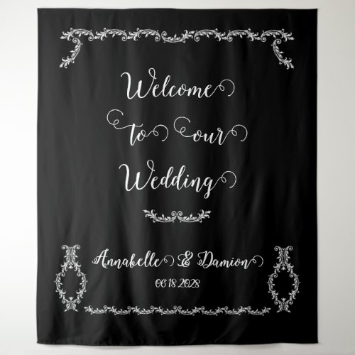 Welcome To Our Wedding Black White Acanthus Leaf  Tapestry