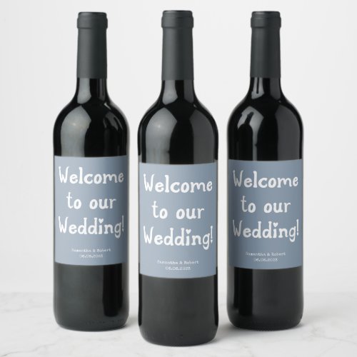 Welcome To Our Wedding Blue Whimsical Wine Label