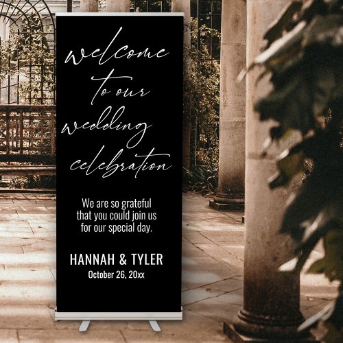 Welcome to Our Wedding Celebration Black Retractable Banner