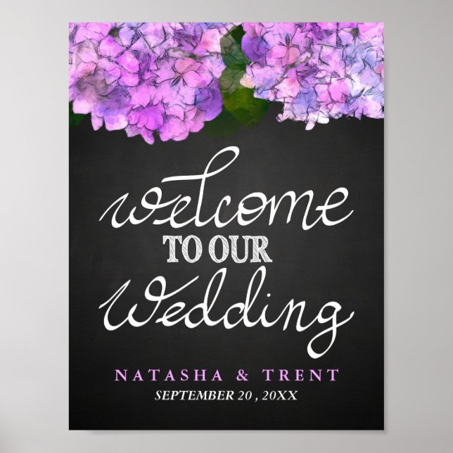 Welcome To Our Wedding Chalkboard Hydrangea Floral Poster (Front)