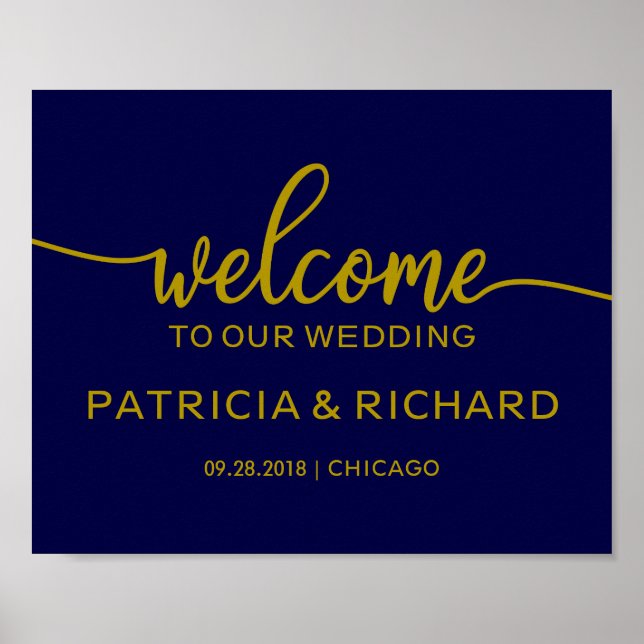 Welcome to our Wedding Chic Gold Navy Blue Sign (Front)