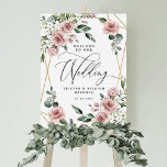 Welcome to Our Wedding Dusty Pink Geometric Sign<br><div class="desc">Design features an elegant geometric gold colored (printed) frame decorated with watercolor roses in shades of dusty rose pink, mauve and similar shades with white floral elements over various types of greenery branches and leaves. The back features the same floral design. You may delete the back graphic elements if you...</div>