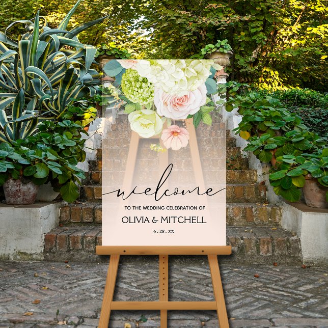 Welcome to Our Wedding Floral  Acrylic Sign (Welcome to Our Wedding clear acrylic sign with a floral bouquet at the top)