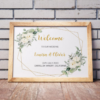 Welcome to our wedding, floral & gold geo shape poster