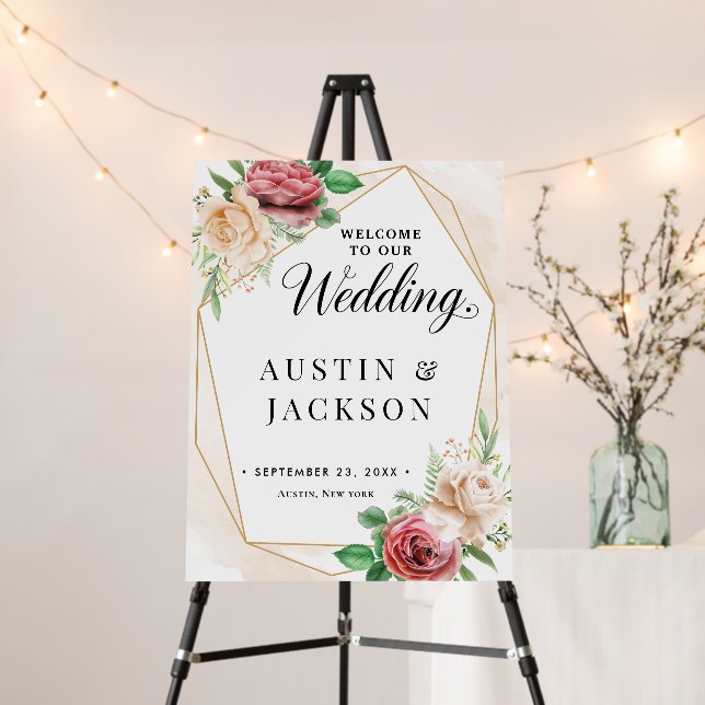 Welcome to Our Wedding Floral Gold Geometric Sign (In Situ (Stand))