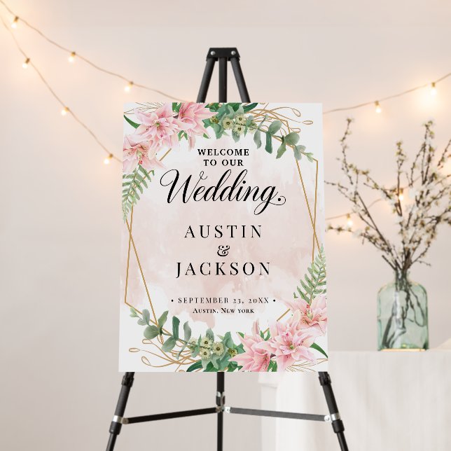 Welcome to Our Wedding Floral Gold Geometric Sign (In Situ (Stand))