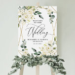 Welcome to Our Wedding Floral Gold Geometric Sign<br><div class="desc">Design features an elegant printed gold colored geometric frame decorated with watercolor flowers in neutral shades, such as - white, ivory, champagne, and more. The floral elements consist of roses, peonies, hydrangea and baby's breath. This modern template also features greenery, eucalyptus, leaf elements and more. The back features the same...</div>