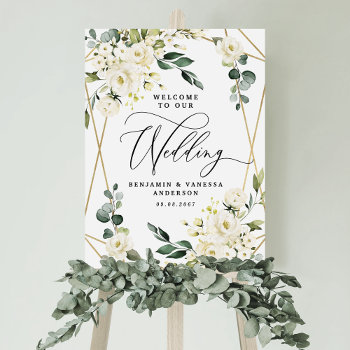 Welcome To Our Wedding Floral Gold Geometric Sign by RusticWeddings at Zazzle