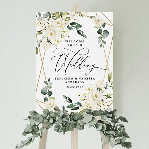 Welcome to Our Wedding Floral Gold Geometric Sign