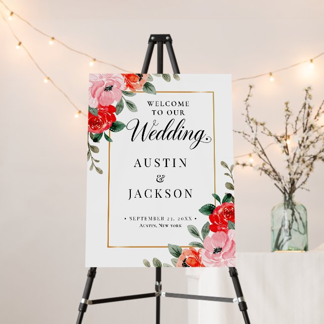 Welcome to Our Wedding Floral Gold Geometric Sign (In Situ (Stand))