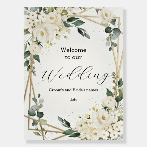 Welcome to Our Wedding Floral Gold Geometric Sign