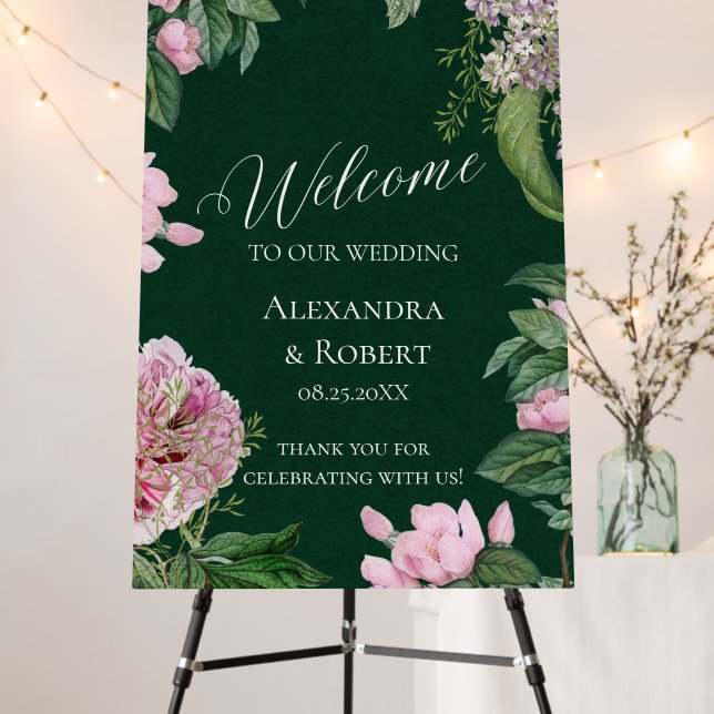 Welcome to Our Wedding Floral Green Welcome Sign (In Situ (Stand))
