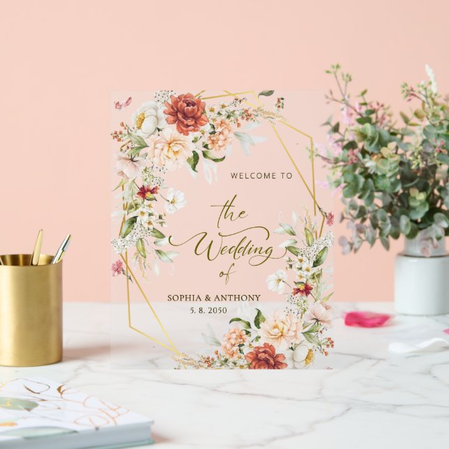 Welcome to Our Wedding Foliage Gold Geometric  Acrylic Sign (Wedding)
