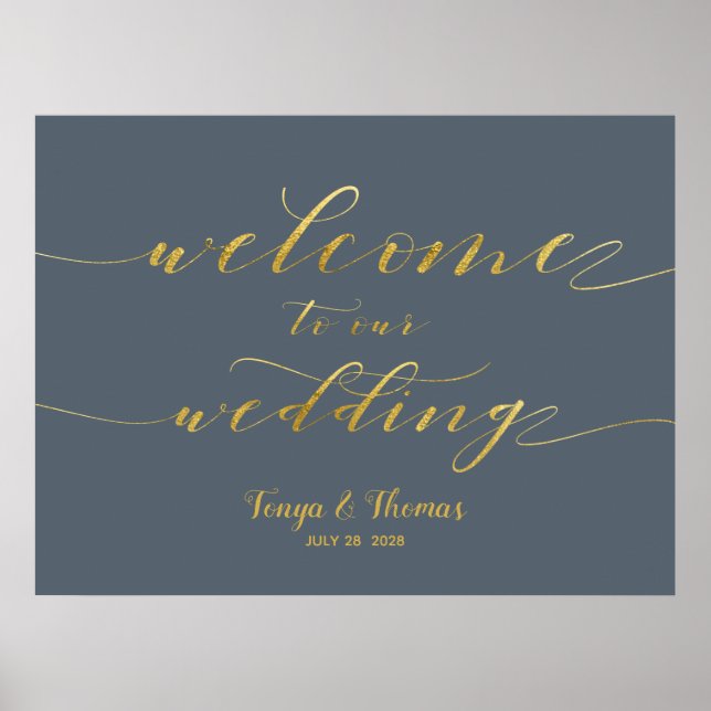 Welcome To Our Wedding Gold Swash Calligraphy Sign (Front)