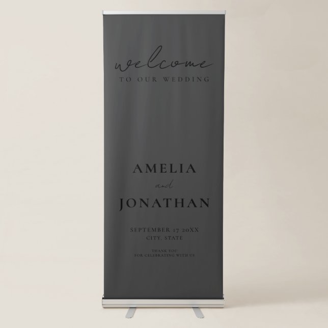 Welcome To Our Wedding Modern Matte Black Minimal Retractable Banner (Front)