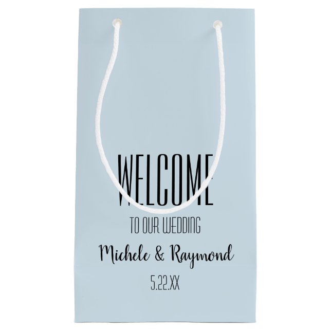 Welcome to Our Wedding PALE BLUE Gift Bags SMALL (Front)