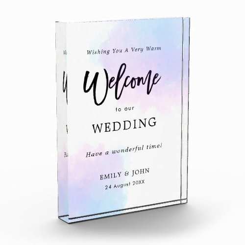 Welcome To Our Wedding Pastel Lilac Watercolor Photo Block